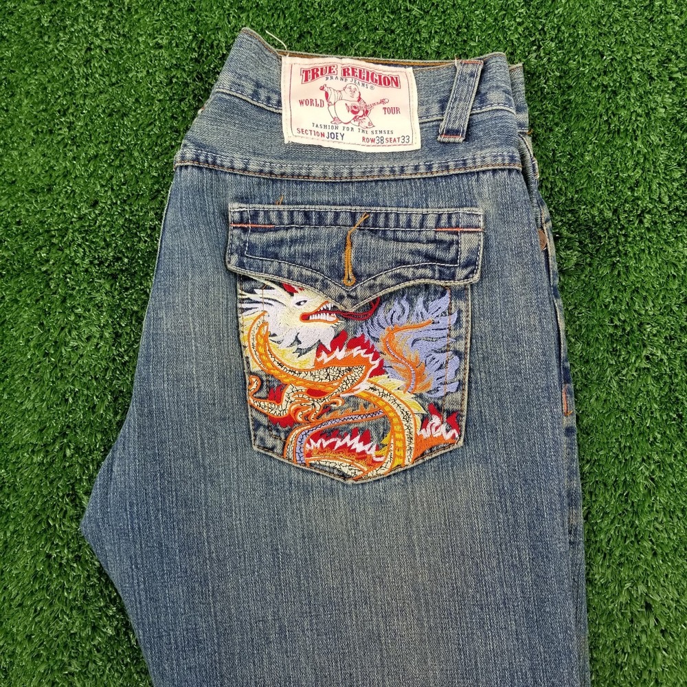 Vintage True Religion Jeans Joey Embroidered Dragon 38x33 Blue Denim Flare 90s